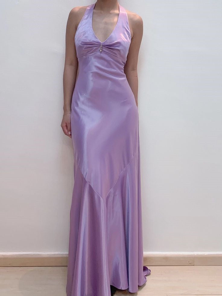 Elegant Lilac Halter Sheath Satin Long Party Dress Wedding Guest Dress, D374