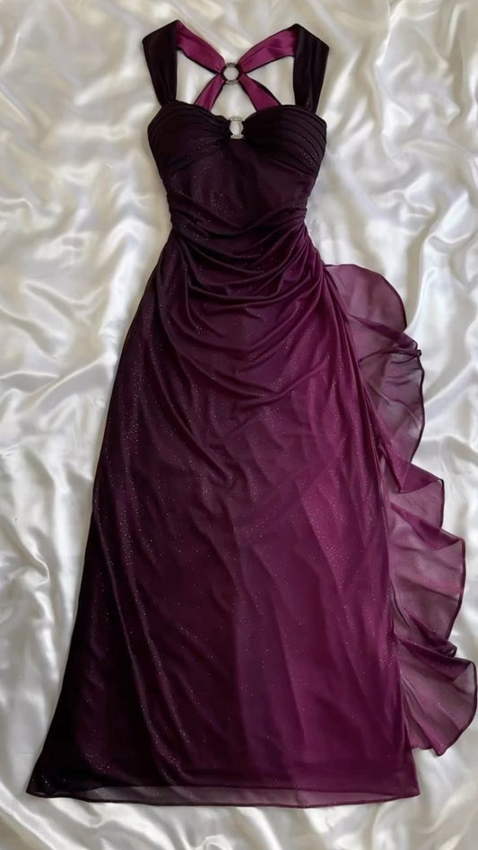 Robe de soirée longue en mousseline de soie à volants et bretelles violettes, style vintage, D380