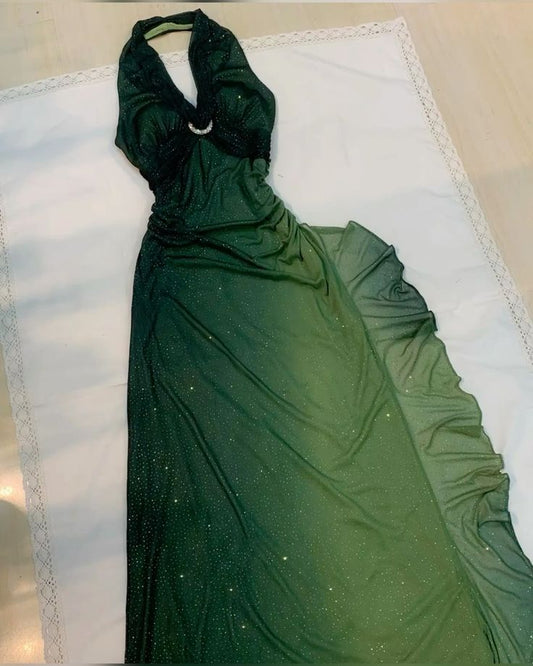 Robe de soirée longue en mousseline de soie verte à volants et dos nu, style vintage, D381