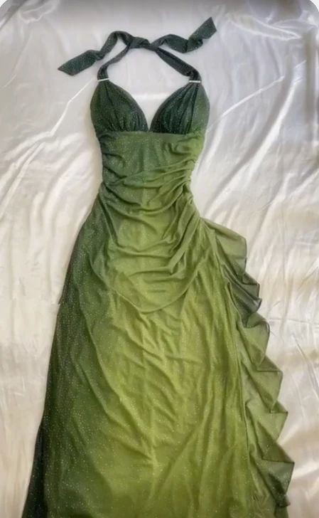 Robe de soirée longue en mousseline de soie verte à volants et dos nu, style vintage, D382