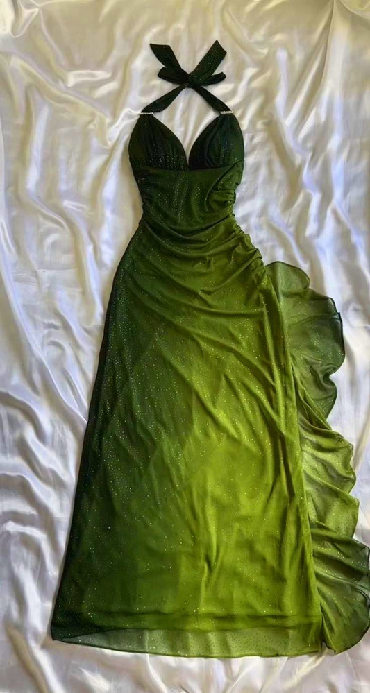 Robe de soirée longue en mousseline de soie verte à volants et dos nu, style vintage, D382