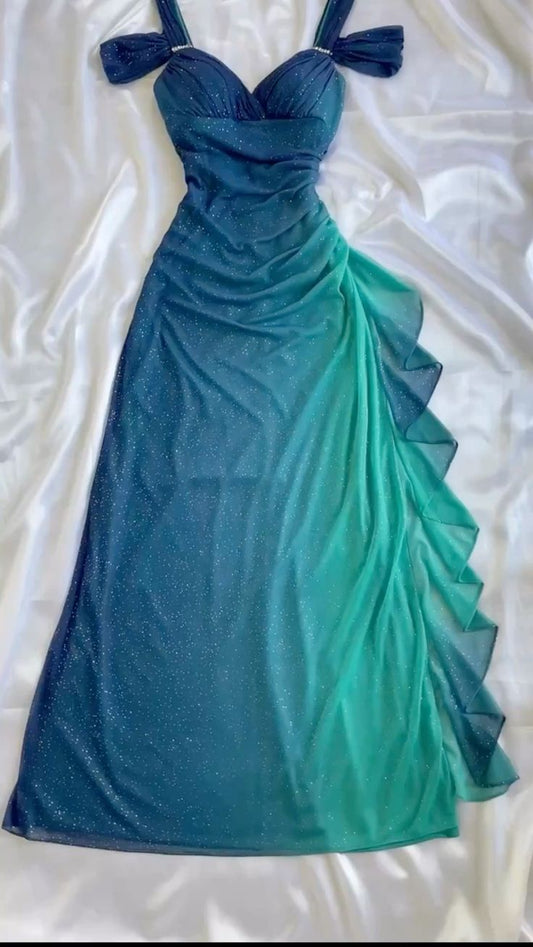 Blaue Träger Ombre Rüschen Chiffon Langes Partykleid Vintage Abendkleid, D383