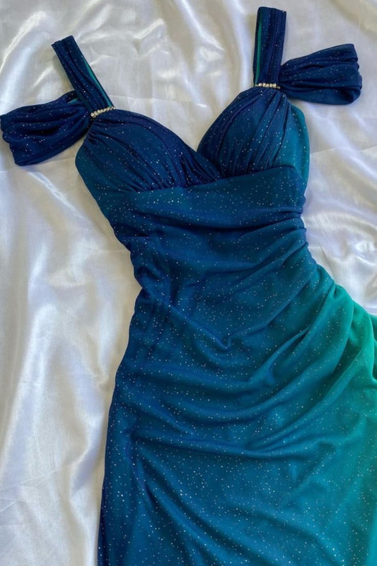 Blaue Träger Ombre Rüschen Chiffon Langes Partykleid Vintage Abendkleid, D383