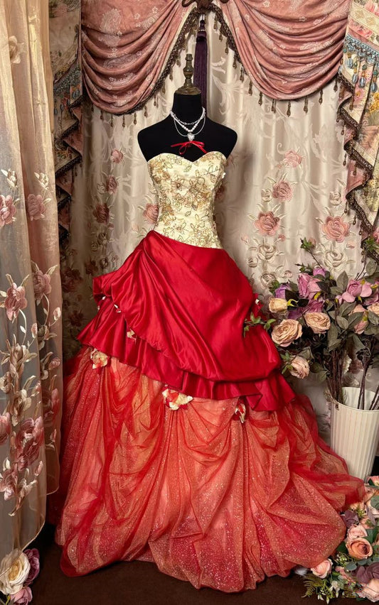 Red Sweetheart A-Line Satin Vintage Party Dress Formal Evening Gown, D390