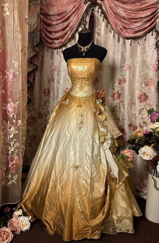 Sunset Ombre Strapless A-Line Satin Long Party Dress Vintage Evening Dress, D393