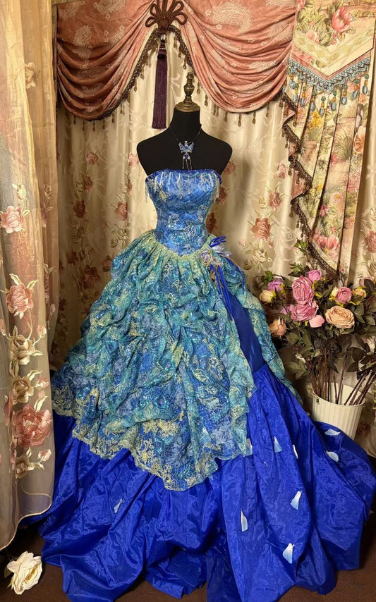 Blaues trägerloses A-Linien-Satin-Partykleid im Vintage-Stil, langes Abendkleid, D394