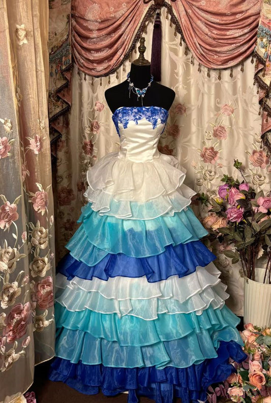Blaues trägerloses A-Linien-Partykleid mit Stufen, langes Vintage-Abendkleid, D396