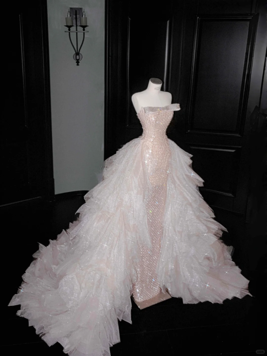 Superbe robe de soirée longue rose bustier style sirène ornée de perles, tenue d'anniversaire, D800