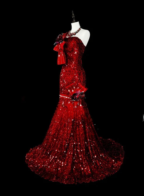 Charmantes rotes One-Shoulder-Meerjungfrau-Pailletten-Vintage-langes Abend-Partykleid, D897