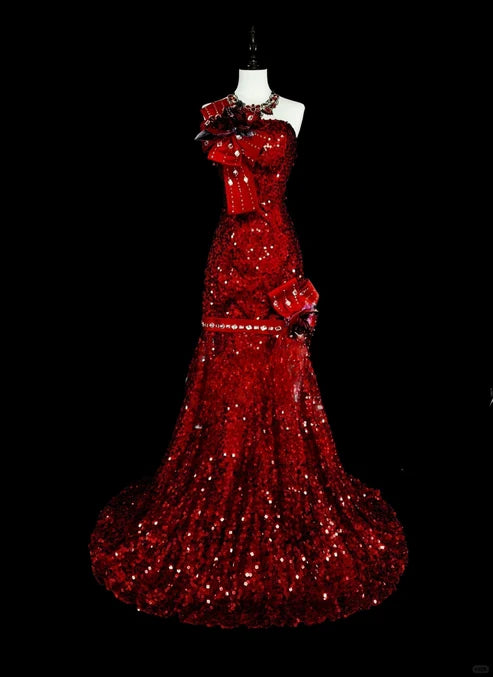 Charmantes rotes One-Shoulder-Meerjungfrau-Pailletten-Vintage-langes Abend-Partykleid, D897