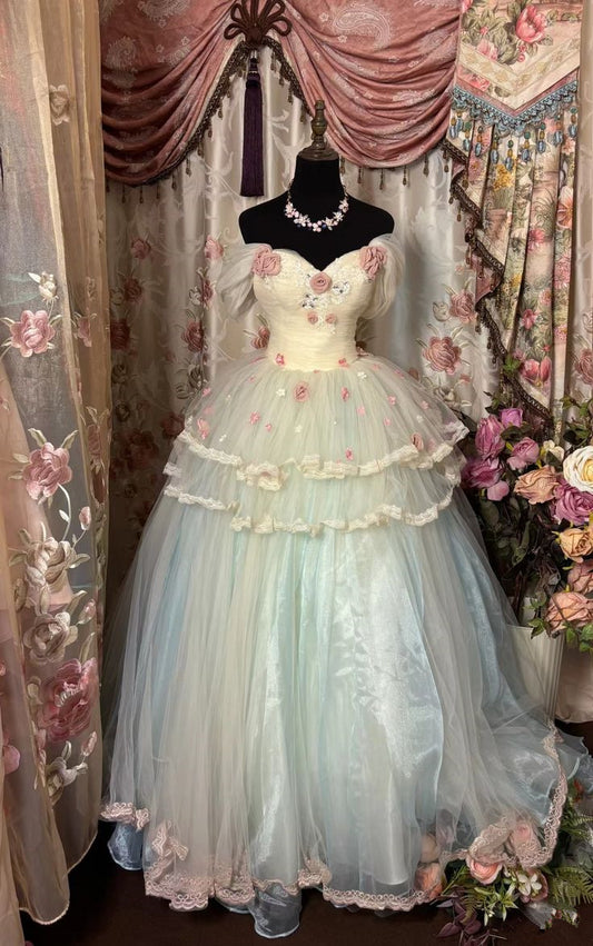 Elegant Off Shoulder A-Line Tulle Floral Long Party Dress Vintage Evening Dress, D399