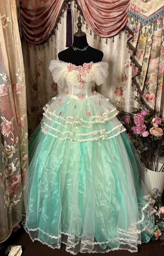 Elegant Off Shoulder A-Line Tulle Floral Long Party Dress Vintage Evening Dress, D401