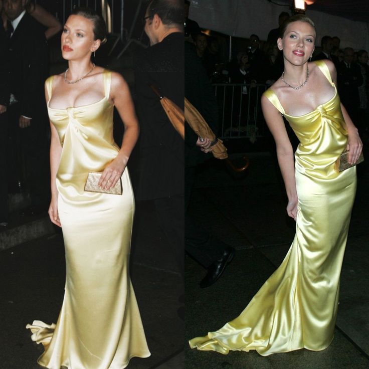 Superbe robe de soirée longue en satin jaune à bretelles style sirène, D410