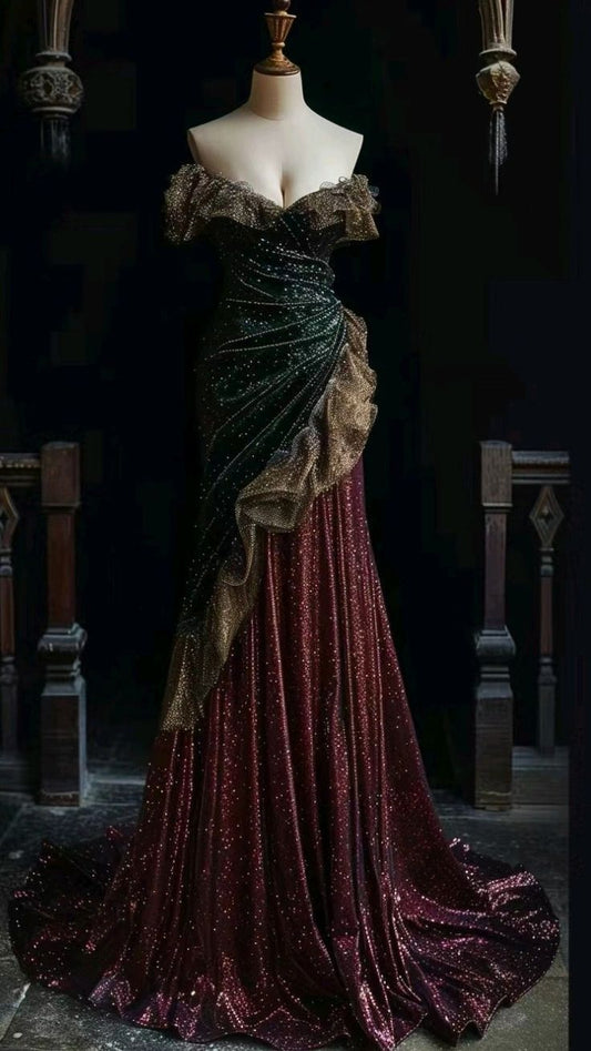 Wunderschönes schulterfreies Meerjungfrau-Abendkleid mit Perlenbesatz, langes Ballkleid, formelles Abendkleid, D415