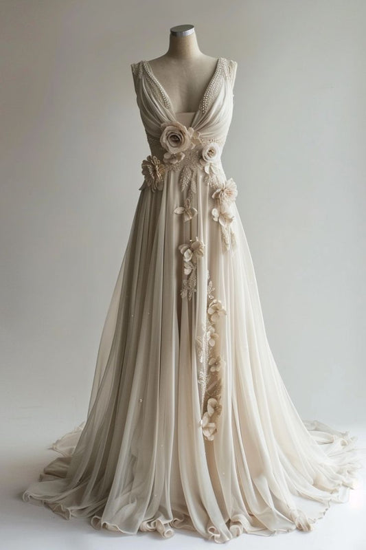 Wunderschönes A-Linien-Brautkleid mit V-Ausschnitt und Blumenmuster, formelles Abendkleid, D420