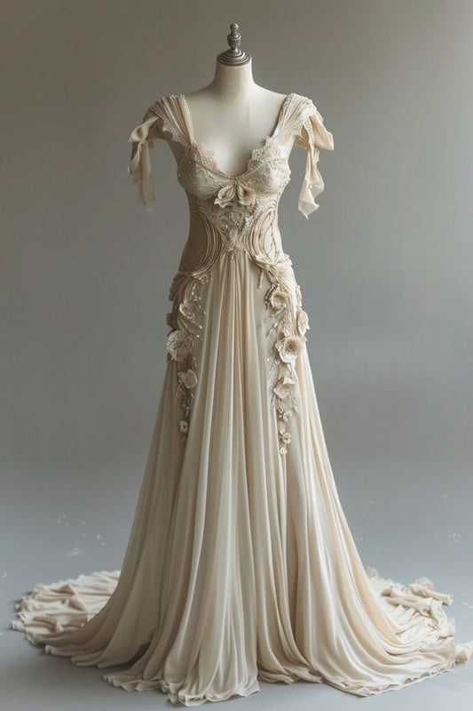 Wunderschönes A-Linien-Brautkleid mit V-Ausschnitt und Blumenmuster, formelles Abendkleid, D421