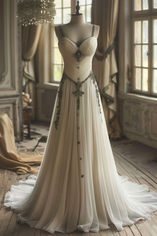 Wunderschönes A-Linien-Brautkleid mit Trägern, V-Ausschnitt und Perlenbesatz, formelles Abendkleid, D419