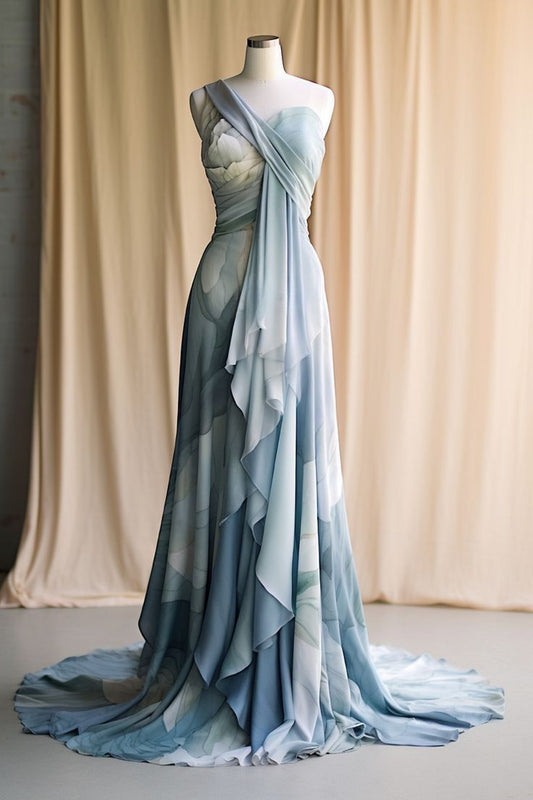 Elegantes blaues One-Shoulder-Rüschen-A-Linien-Partykleid, langes formelles Abendkleid, D422