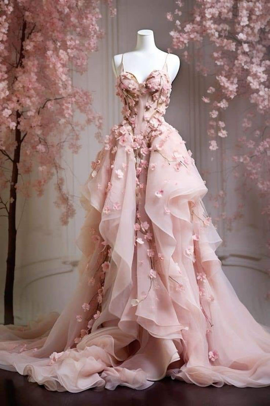 Lovely Pink Sweetheart Neck Floral A-Line Long Party Dress Formal Evening Gown, D423