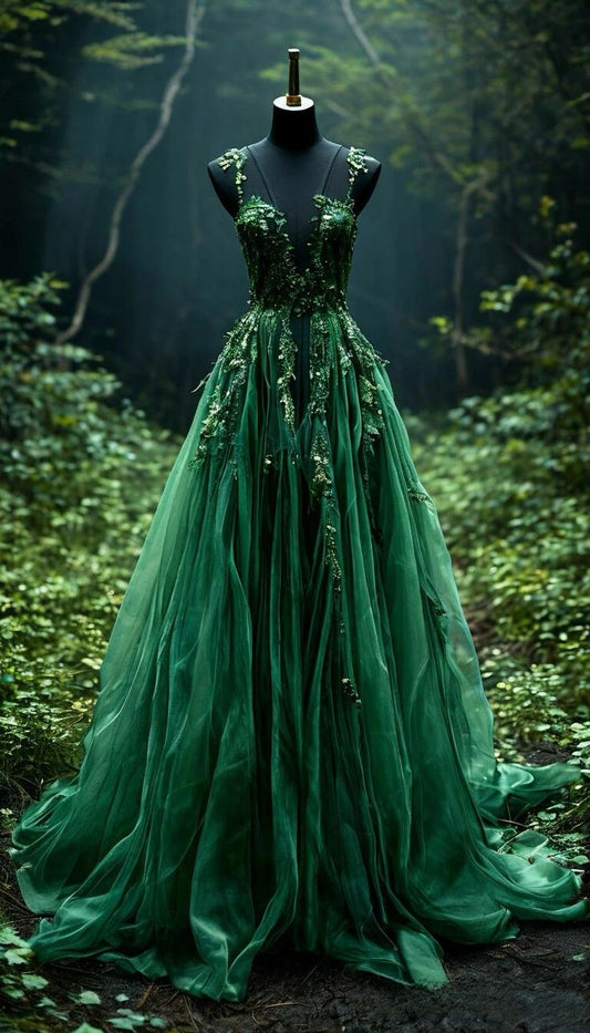 Green Straps A-Line V Neck Tulle Appliques Long Party Dress Formal Evening Gown, D426