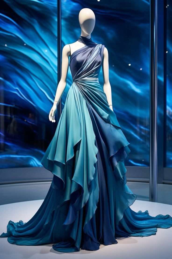 Blaues One-Shoulder-A-Linien-Ombre-Partykleid, langes Abendkleid, D432