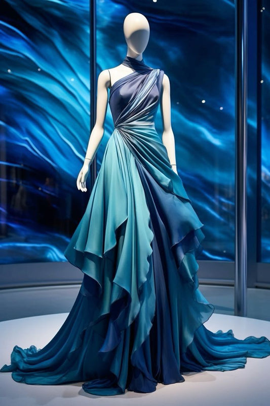 Blaues One-Shoulder-A-Linien-Ombre-Partykleid, langes Abendkleid, D432