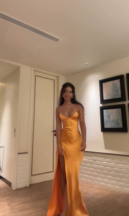 Orange V Neck Straps Sheath Satin Long Party Dress Wedding Guest Dress, D445