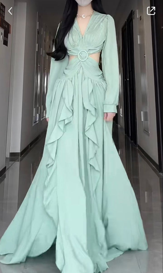 Mint Blue Long Sleeves A-Line Long Party Dress Evening Party Dress, D451