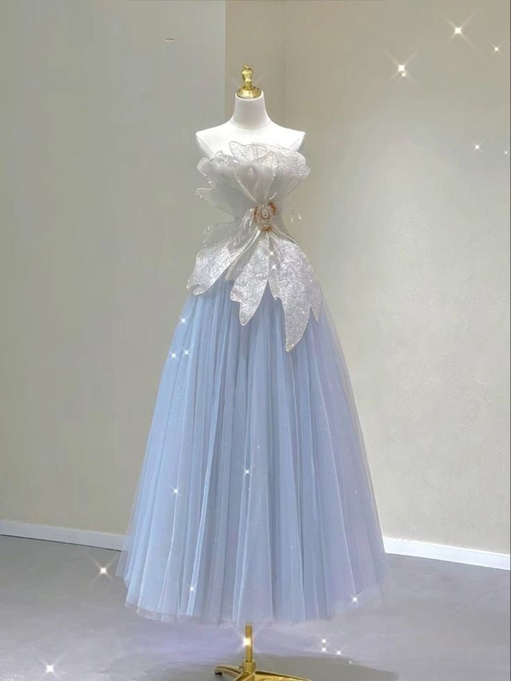 Blaues A-Linien-Trägerloses langes Partykleid aus Tüll, formelles Abendkleid, D453