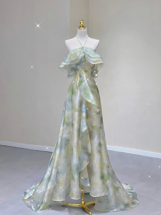 Feengrünes Neckholder-A-Linien-Kleid mit schulterfreiem Schnitt, elegantes langes Partykleid, Geburtstagsoutfits, D456