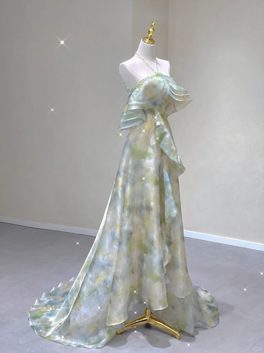 Feengrünes Neckholder-A-Linien-Kleid mit schulterfreiem Schnitt, elegantes langes Partykleid, Geburtstagsoutfits, D456