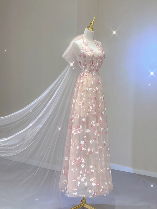 Rosa Neckholder A-Linie Tüll Applikationen Elegantes langes Partykleid Geburtstagsoutfits, D457