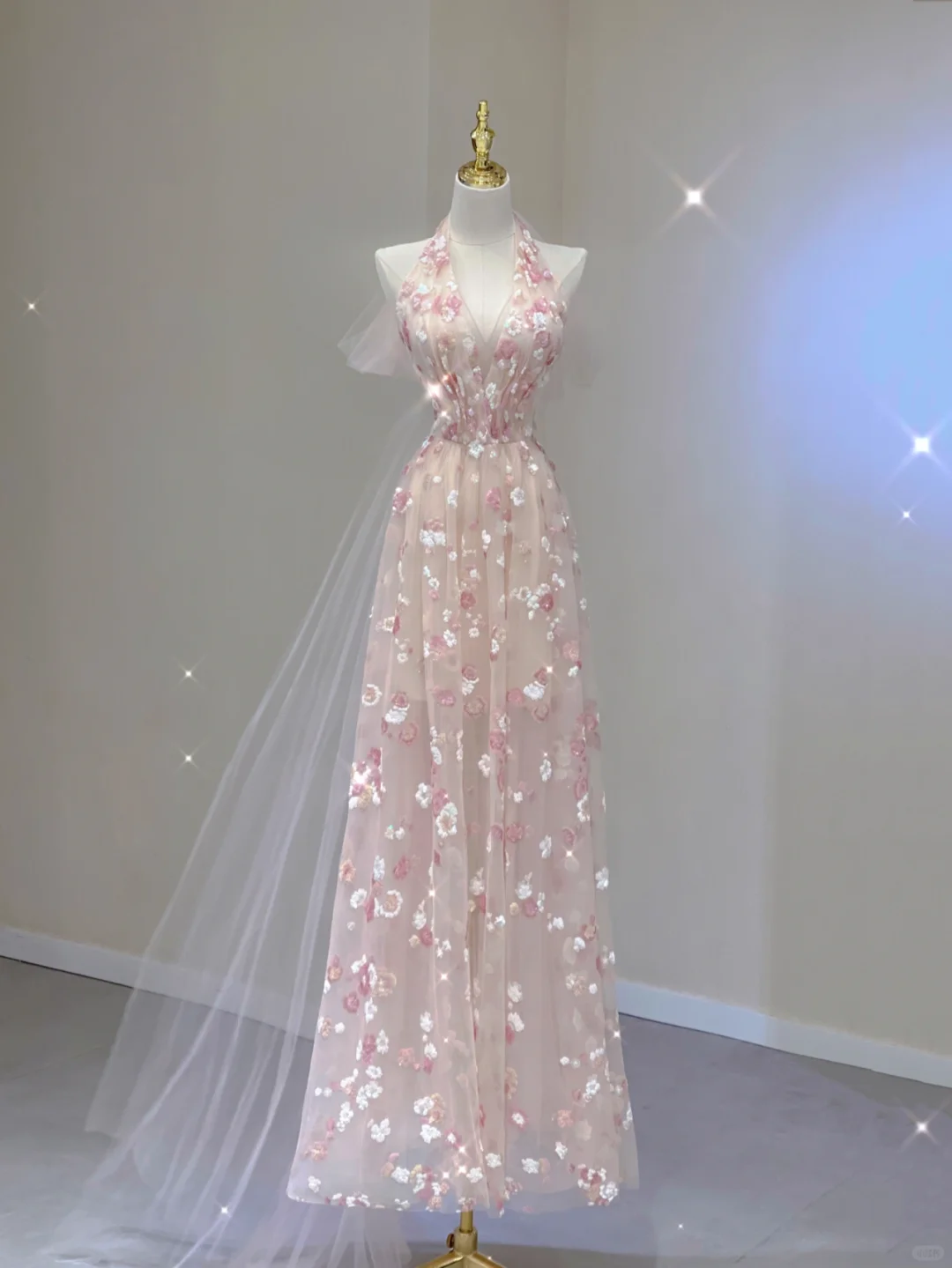 Pink Halter A-Line Tulle Appliques Elegant Long Party Dress Birthday Outfits, D457