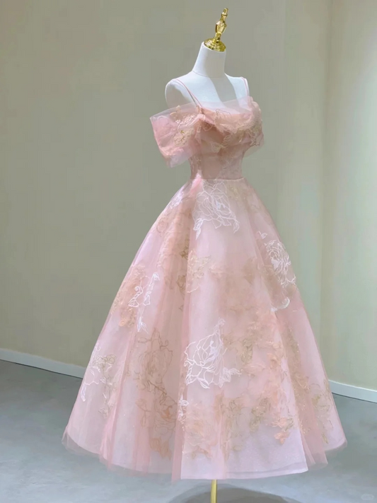 Rosa Träger Off Shoulder A-Linie Geburtstagsoutfits Langes formelles Ballkleid, D460