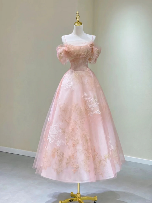 Rosa Träger Off Shoulder A-Linie Geburtstagsoutfits Langes formelles Ballkleid, D460