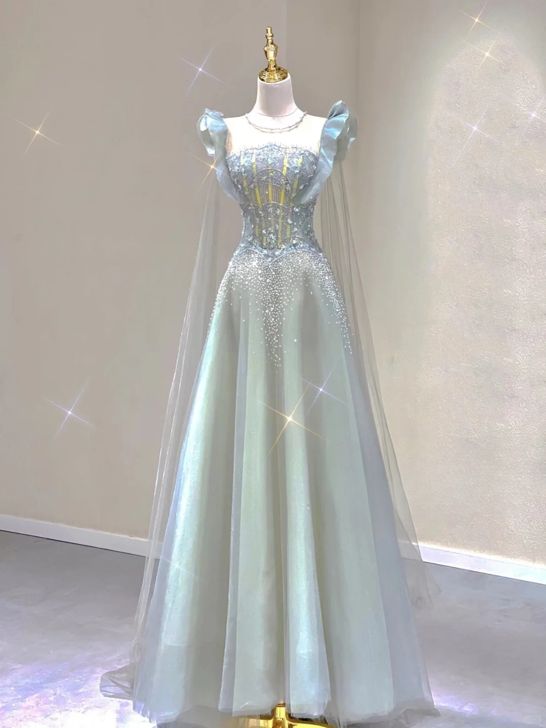 Light Blue A-Line Tulle Princess Birthday Outfits Long Formal Prom Dress, D461