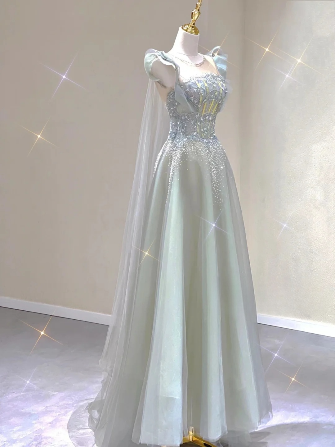 Light Blue A-Line Tulle Princess Birthday Outfits Long Formal Prom Dress, D461