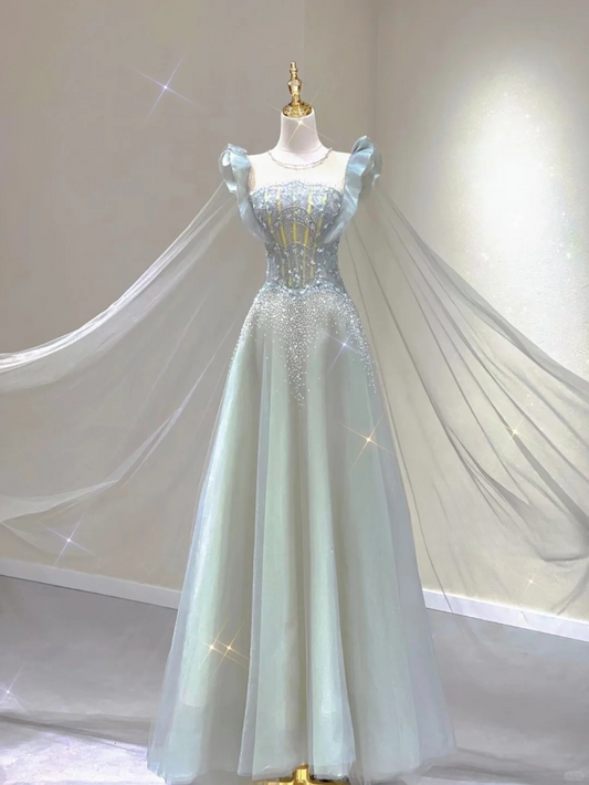 Hellblaues A-Linien-Tüll-Prinzessinnen-Geburtstags-Outfits, langes formelles Ballkleid, D461