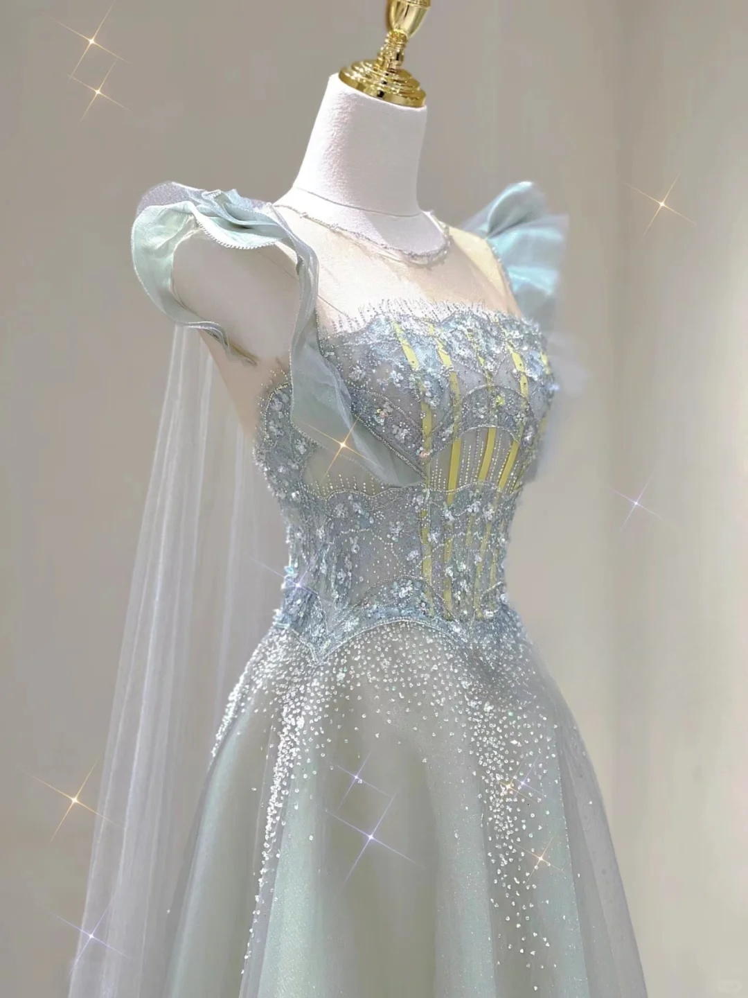 Light Blue A-Line Tulle Princess Birthday Outfits Long Formal Prom Dress, D461