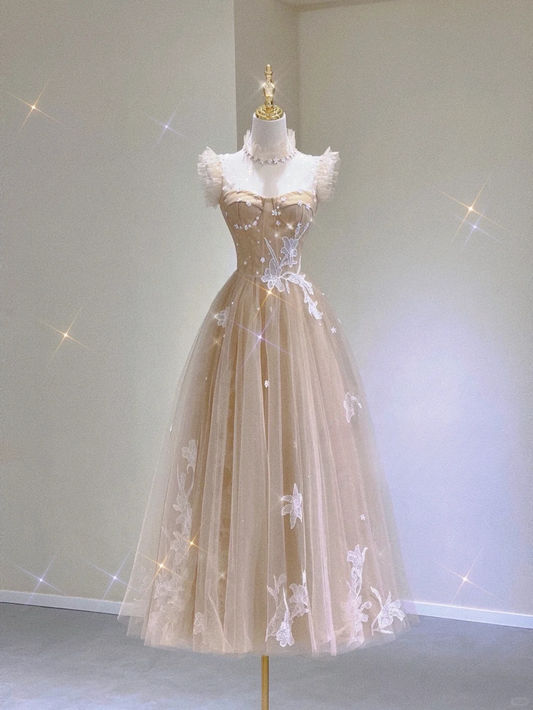 Champagner A-Linie Tüll Applikationen Geburtstagskleid Formales langes Ballkleid, D464