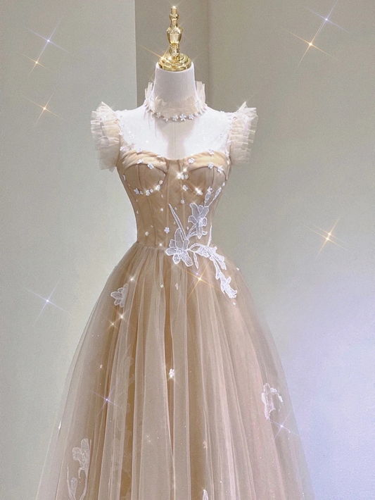 Champagner A-Linie Tüll Applikationen Geburtstagskleid Formales langes Ballkleid, D464