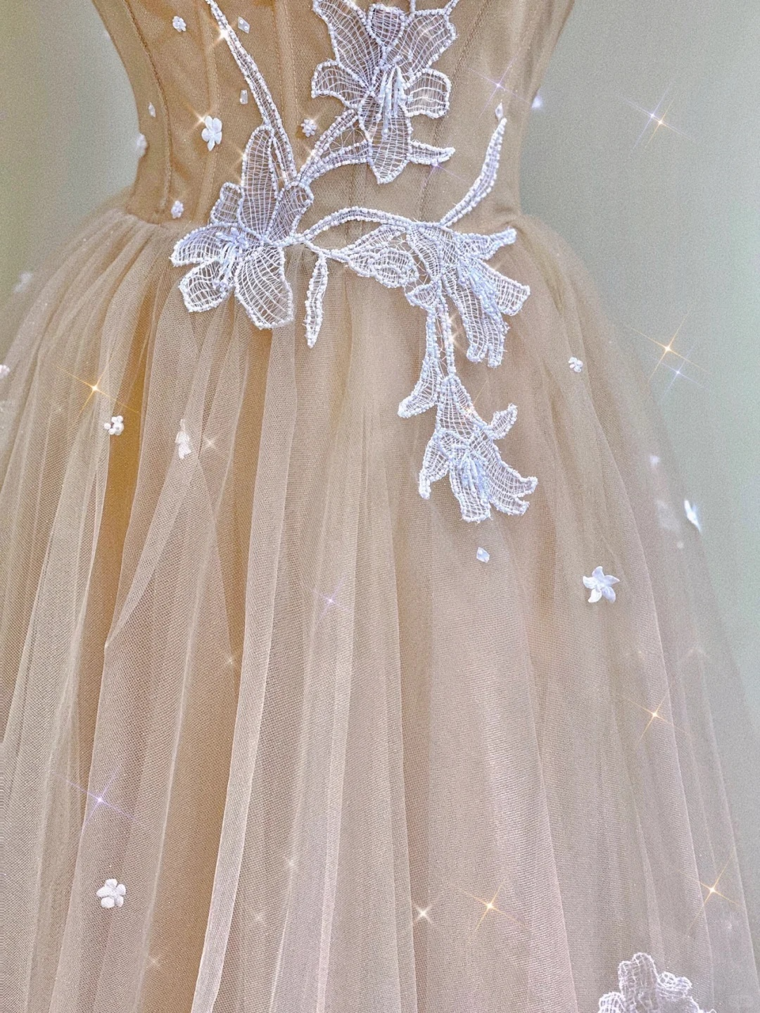 Champagne A-Line Tulle Appliques Birthday Dress Formal Long Prom Gown, D464