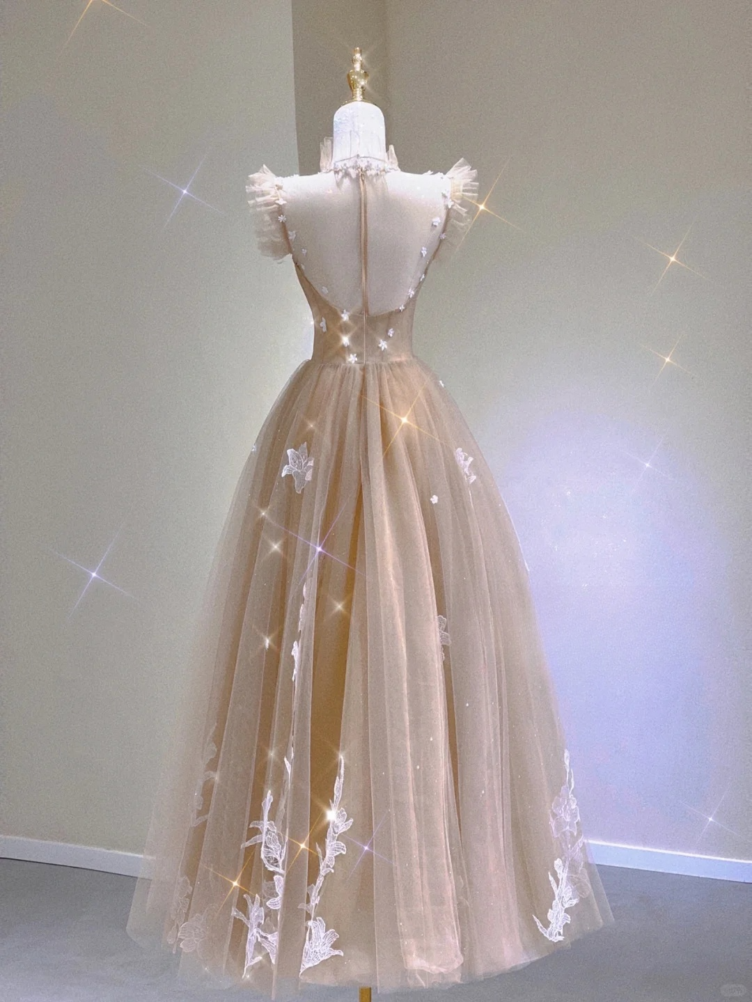 Champagne A-Line Tulle Appliques Birthday Dress Formal Long Prom Gown, D464