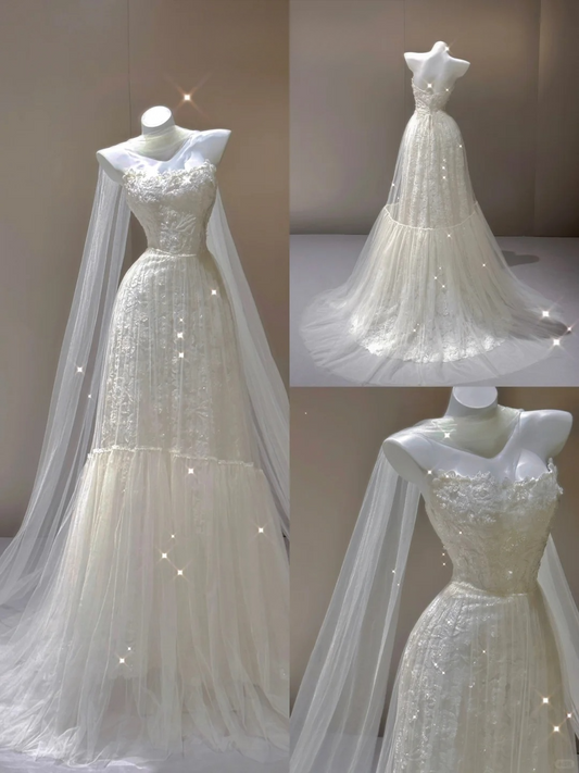 Elegantes A-Linien-Brautkleid mit herzförmigem Ausschnitt und langem Tüll-Abendkleid, D471