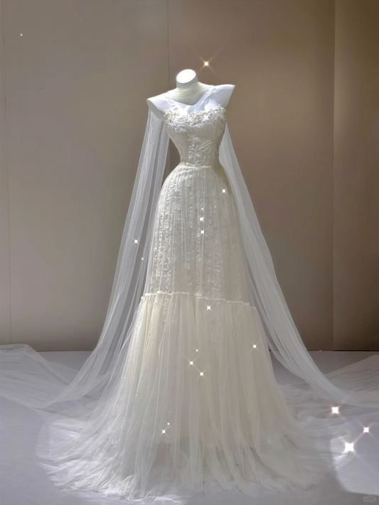 Elegantes A-Linien-Brautkleid mit herzförmigem Ausschnitt und langem Tüll-Abendkleid, D471