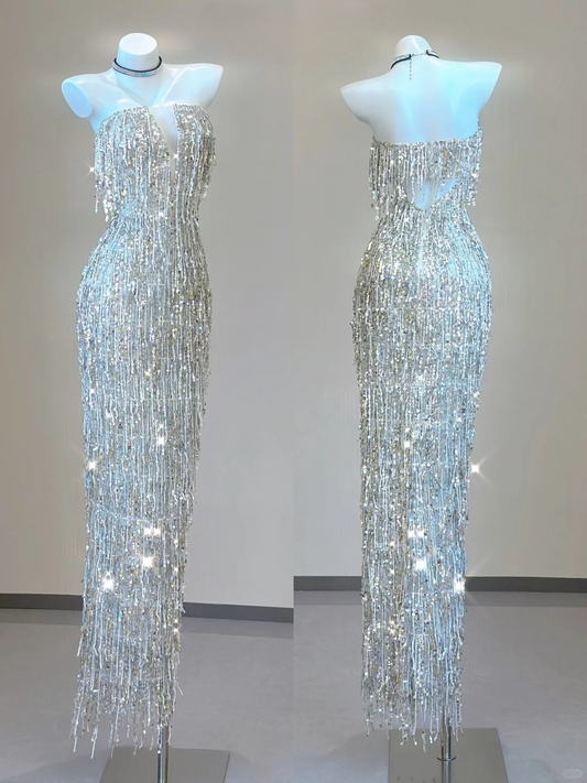 Glitzerndes, trägerloses, langes, perlenbesetztes Etuikleid, wunderschönes Abendkleid, D472