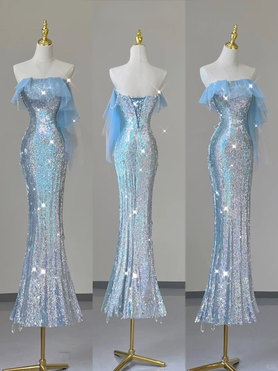 Light Blue Straps Sequins Mermaid Long Party Dress Evening Gown Birthday Dress, D474