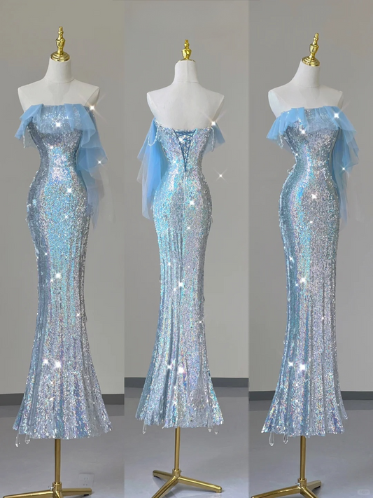 Hellblaue Träger Pailletten Meerjungfrau Langes Partykleid Abendkleid Geburtstagskleid, D474