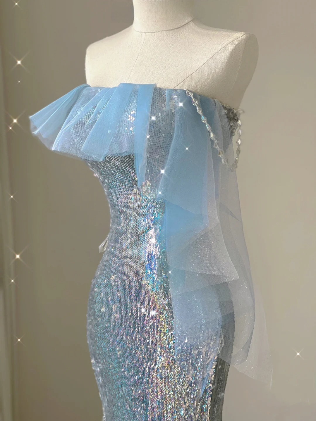 Light Blue Straps Sequins Mermaid Long Party Dress Evening Gown Birthday Dress, D474