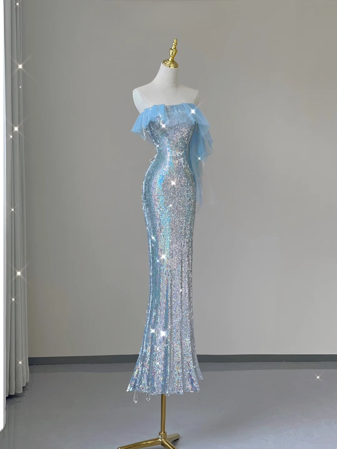 Light Blue Straps Sequins Mermaid Long Party Dress Evening Gown Birthday Dress, D474